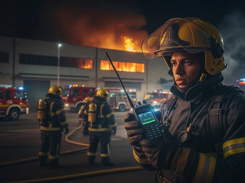 Pompier en intervention communiquant avec une radio professionnelle