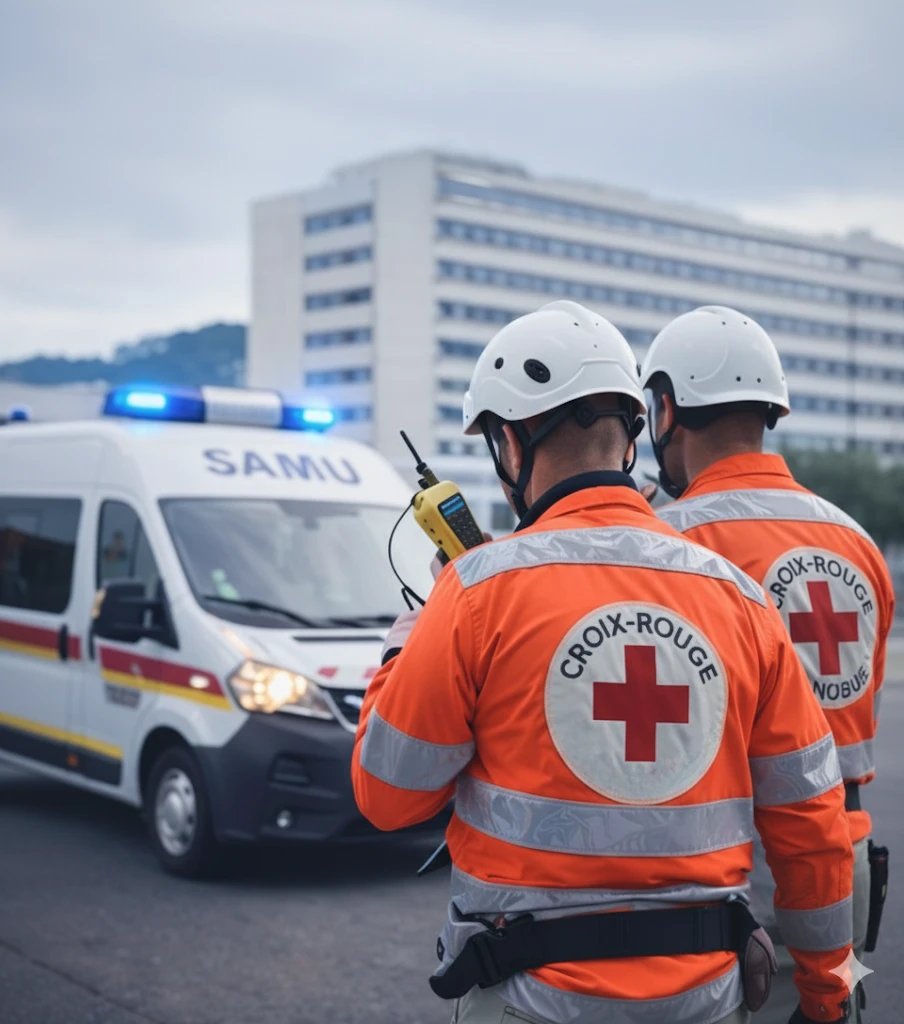 Secouristes de la Croix-Rouge communiquant à la radio devant une ambulance du SAMU