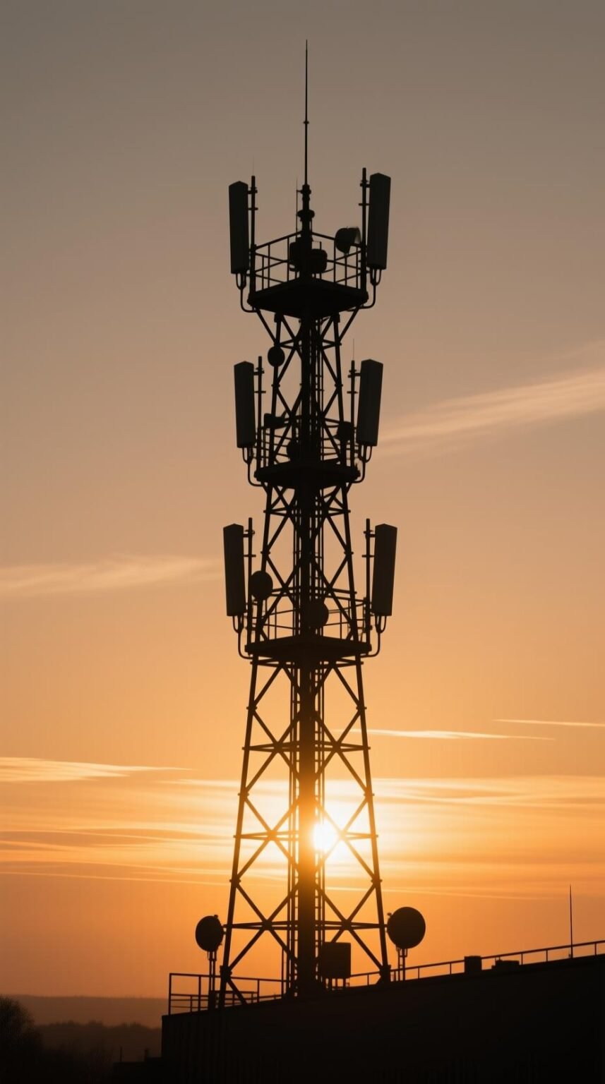 Pylône d'antennes relais au coucher du soleil